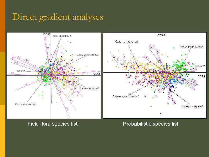 Direct gradient analyses Field flora species list Probabilistic species list 