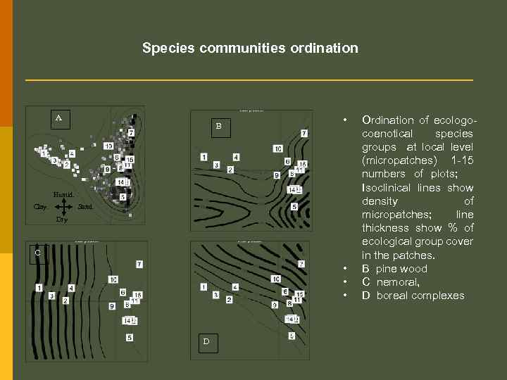 Species communities ordination А B • Humid. Clay. Sand. Dry C • • •