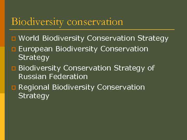 Biodiversity conservation World Biodiversity Conservation Strategy p European Biodiversity Conservation Strategy p Biodiversity Conservation