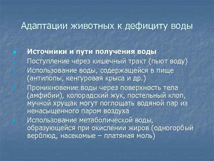 Адаптации животных к дефициту воды n 1. 2. 3. 4. Источники и пути получения