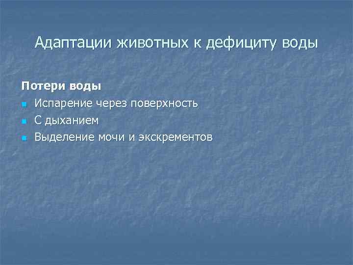 Адаптации животных к дефициту воды Потери воды n Испарение через поверхность n С дыханием