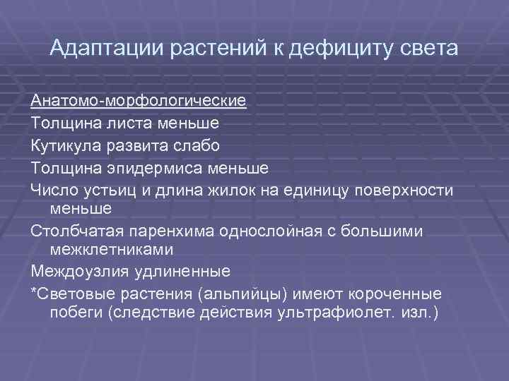 Адаптации растений к дефициту света Анатомо-морфологические Толщина листа меньше Кутикула развита слабо Толщина эпидермиса