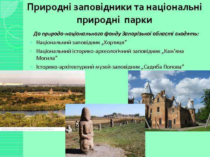 Природні заповідники та національні природні парки До природо-національного фонду Запорізької області входять: Національний заповідник