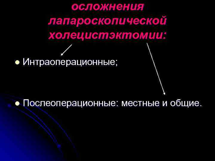осложнения лапароскопической холецистэктомии: l Интраоперационные; l Послеоперационные: местные и общие. 