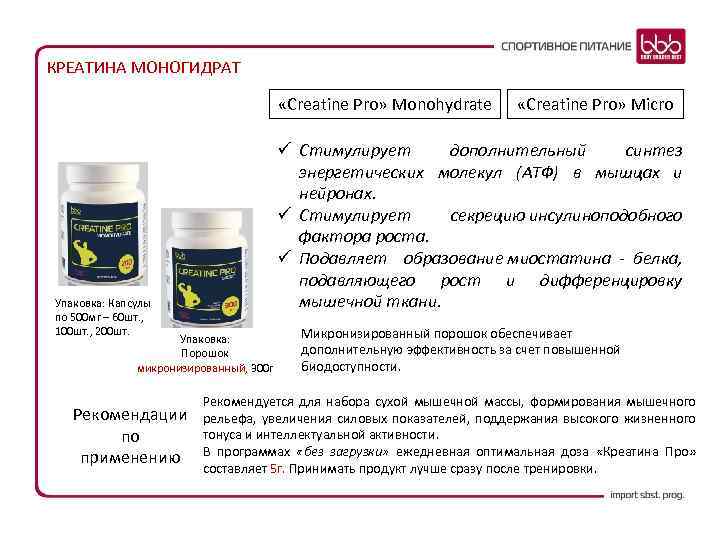 КРЕАТИНА МОНОГИДРАТ «Сreatine Pro» Monohydrate Упаковка: Капсулы по 500 мг – 60 шт. ,