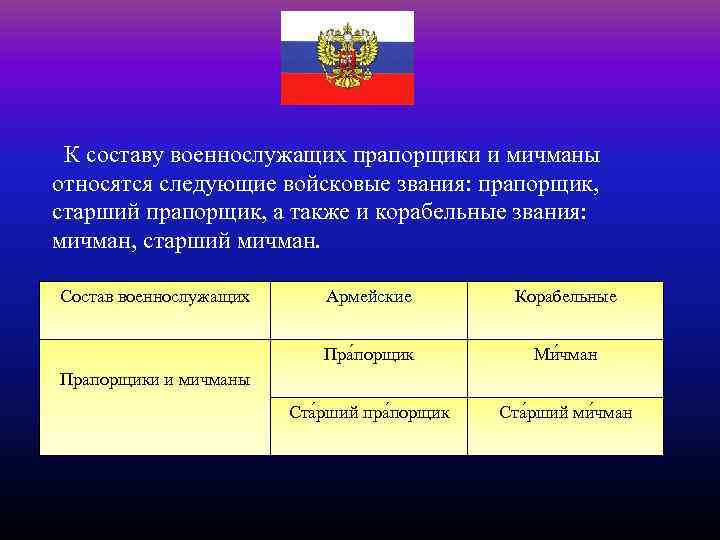  К составу военнослужащих прапорщики и мичманы относятся следующие войсковые звания: прапорщик, старший прапорщик,