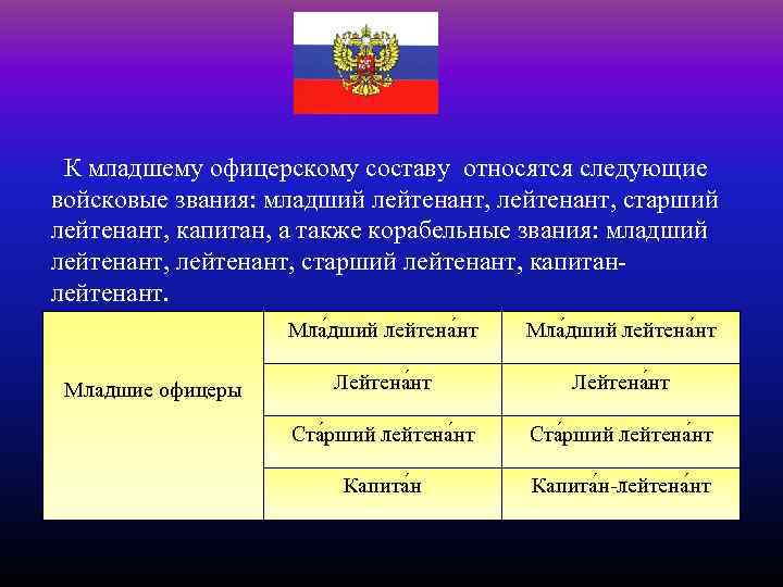 К младшему офицерскому составу относятся следующие войсковые звания: младший лейтенант, старший лейтенант, капитан,