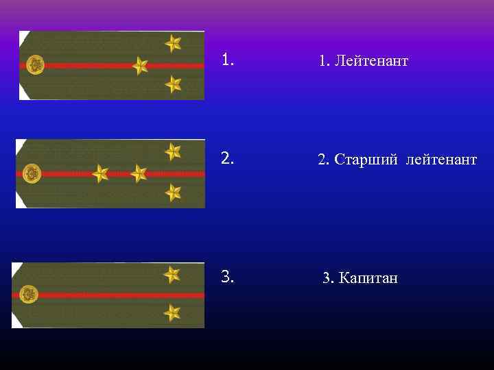1. 2. 3. 1. Лейтенант 2. Старший лейтенант 3. Капитан 