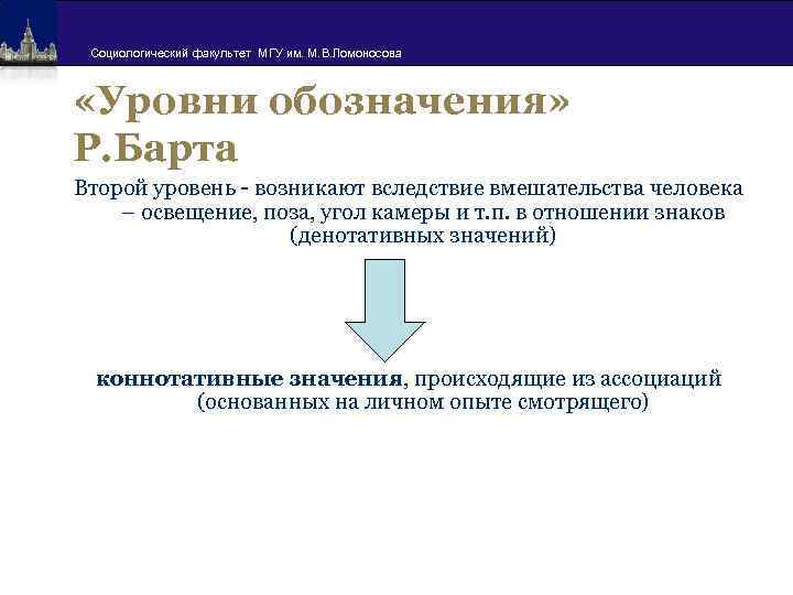 Социологический факультет МГУ им. М. В. Ломоносова «Уровни обозначения» Р. Барта Второй уровень -