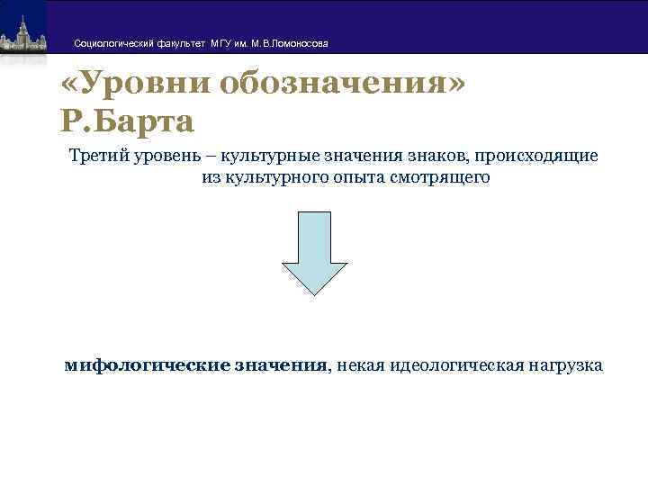 Социологический факультет МГУ им. М. В. Ломоносова «Уровни обозначения» Р. Барта Третий уровень –