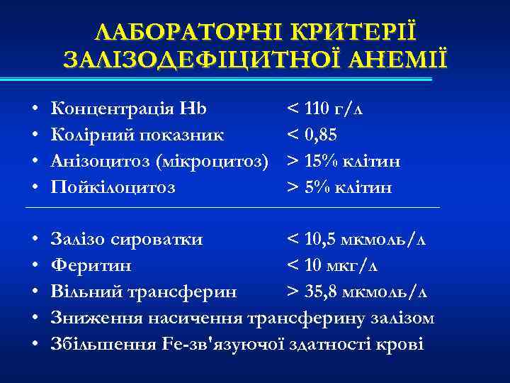 ЛАБОРАТОРНІ КРИТЕРІЇ ЗАЛІЗОДЕФІЦИТНОЇ АНЕМІЇ • • Концентрація Hb Колірний показник Анізоцитоз (мікроцитоз) Пойкілоцитоз •