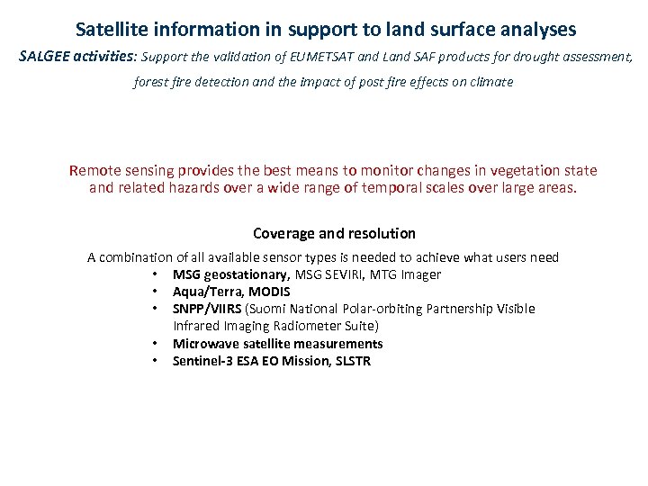 Satellite information in support to land surface analyses SALGEE activities: Support the validation of