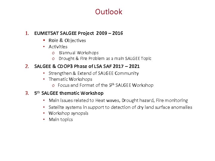 Outlook 1. EUMETSAT SALGEE Project 2009 – 2016 • Role & Objectives • Activities