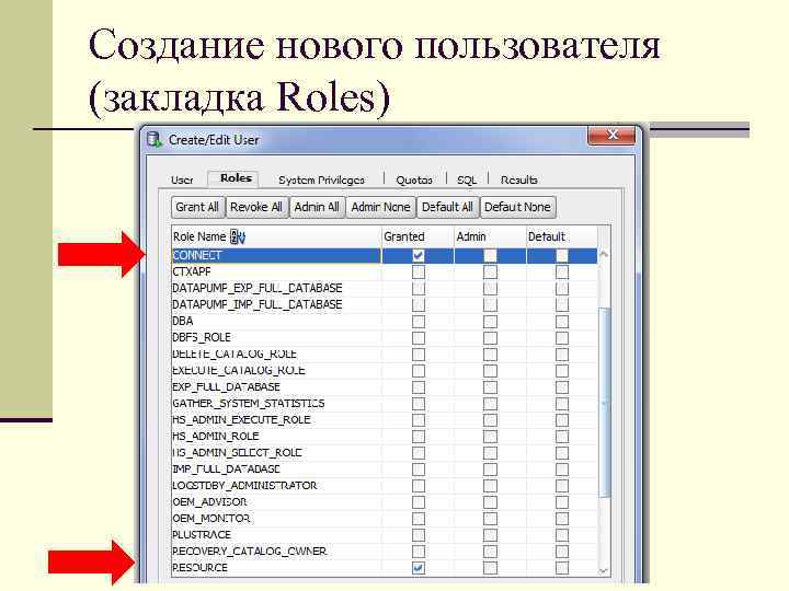 Создание нового пользователя (закладка Roles) 