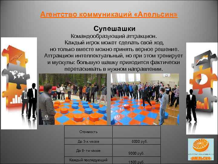 Агентство коммуникаций «Апельсин» Супешашки Командообразующий аттракцион. Каждый игрок может сделать свой ход, но только