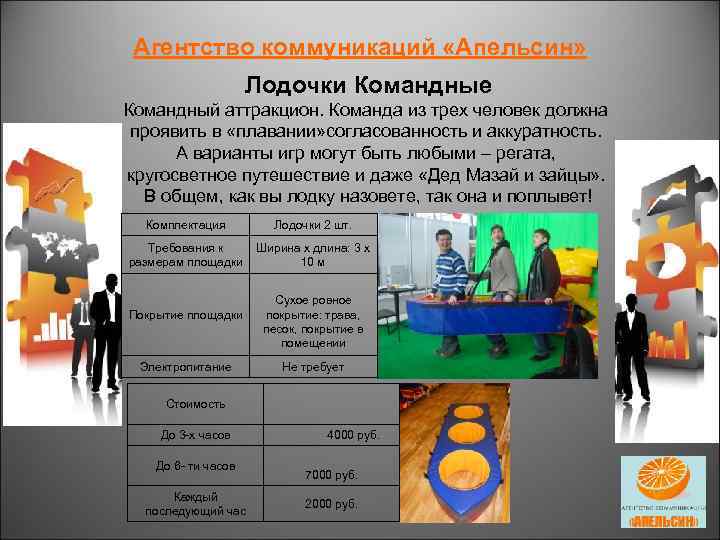 Агентство коммуникаций «Апельсин» Лодочки Командные Командный аттракцион. Команда из трех человек должна проявить в