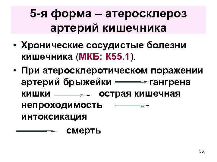 5 -я форма – атеросклероз артерий кишечника • Хронические сосудистые болезни кишечника (МКБ: К