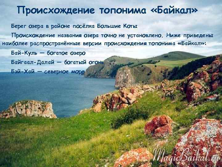 Происхождение топонима «Байкал» Берег озера в районе посёлка Большие Коты Происхождение названия озера точно