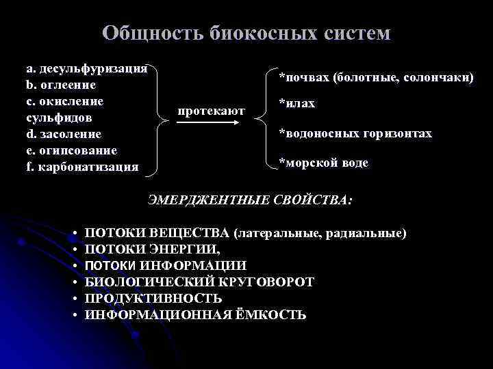Общность биокосных систем a. десульфуризация *почвах (болотные, солончаки) b. оглеение c. окисление *илах протекают