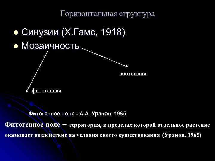 Горизонтальная структура Синузии (Х. Гамс, 1918) l Мозаичность l зоогенная фитогенная Фитогенное поле -