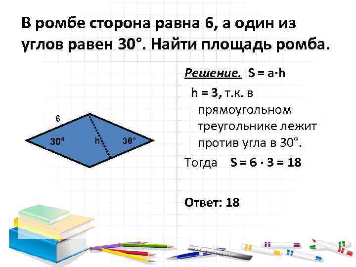 Найдите площадь ромба размером 1х1