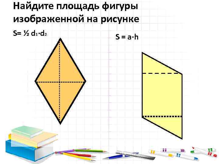 Найдите площадь фигуры изображенной на рисунке S= ½ d 1·d 2 S = a·h