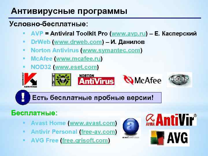 Антивирусные программы Условно-бесплатные: § § § ! AVP = Antiviral Toolkit Pro (www. avp.