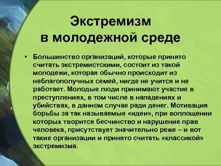 Экстремизм в молодежной среде • Большинство организаций, которые принято считать экстремистскими, состоит из такой