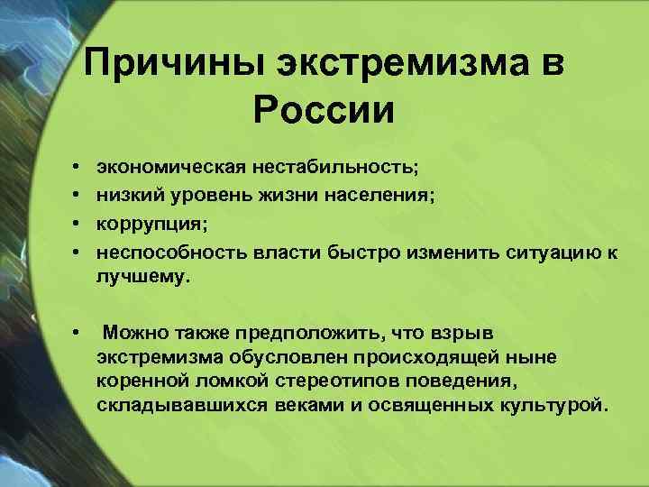 Причины экстремизма в России • • экономическая нестабильность; низкий уровень жизни населения; коррупция; неспособность