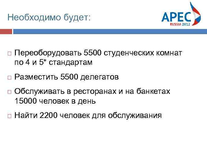 Необходимо будет: Переоборудовать 5500 студенческих комнат по 4 и 5* стандартам Разместить 5500 делегатов