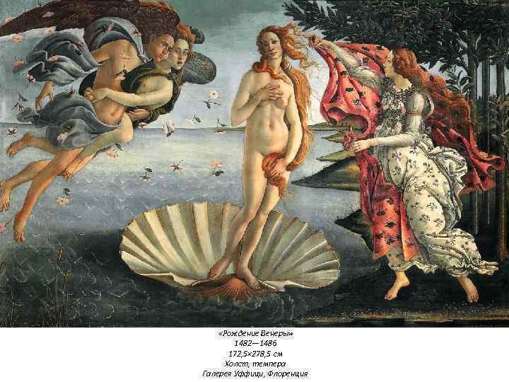  «Рождение Венеры» 1482— 1486 172, 5× 278, 5 см Холст, темпера Галерея Уффици,