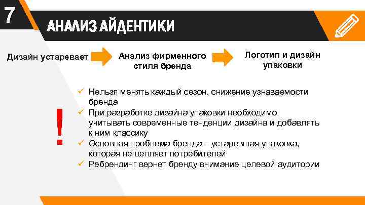 7 АНАЛИЗ АЙДЕНТИКИ Дизайн устаревает ! Анализ фирменного стиля бренда Логотип и дизайн упаковки