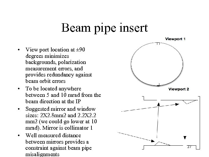 Beam pipe insert • View port location at ± 90 degrees minimizes backgrounds, polarization