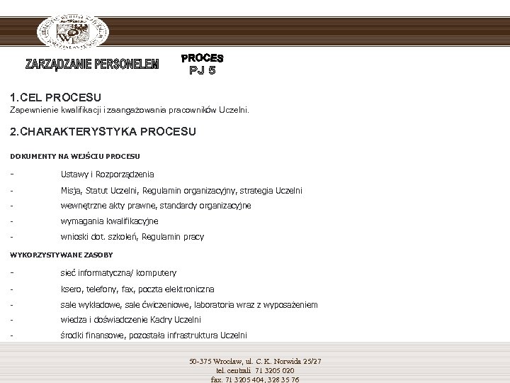 1. CEL PROCESU Zapewnienie kwalifikacji i zaangażowania pracowników Uczelni. 2. CHARAKTERYSTYKA PROCESU DOKUMENTY NA
