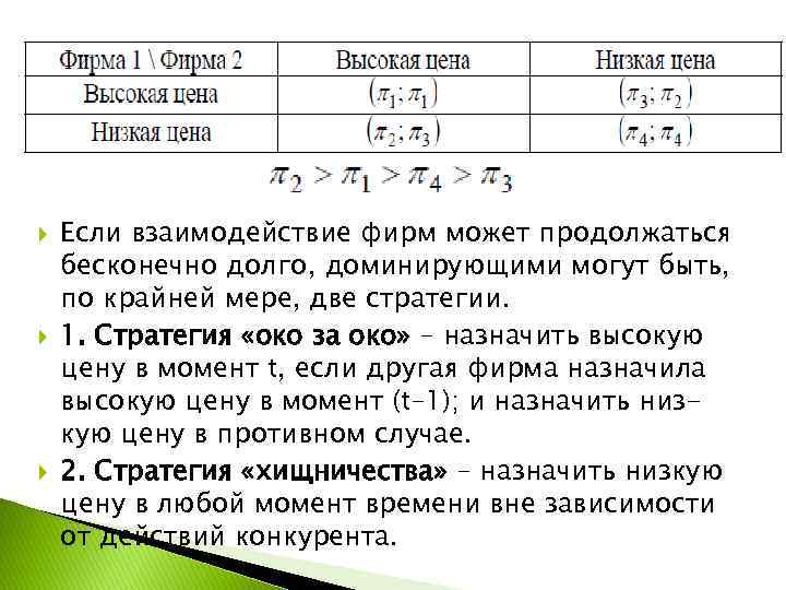  Если взаимодействие фирм может продолжаться бесконечно долго, доминирующими могут быть, по крайней мере,