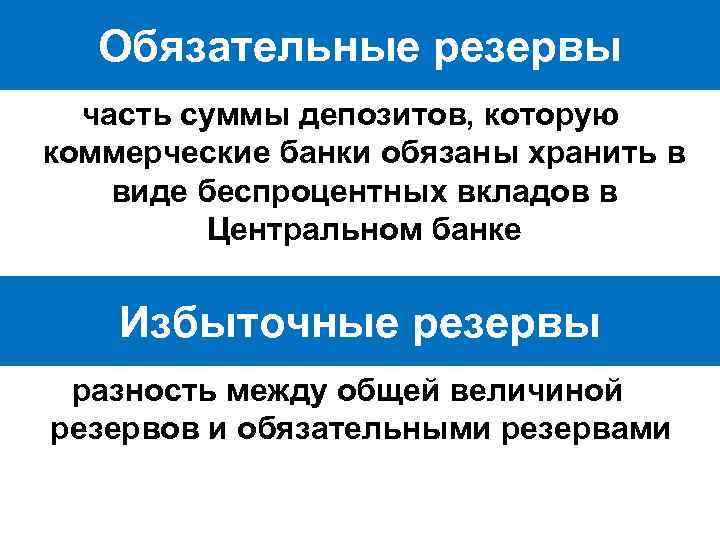 Обязательные резервы часть суммы депозитов, которую коммерческие банки обязаны хранить в виде беспроцентных вкладов