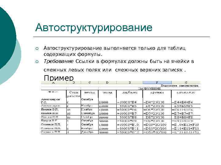 Автоструктурирование ¡ ¡ Автоструктурирование выполняется только для таблиц содержащих формулы. Требование Ссылки в формулах