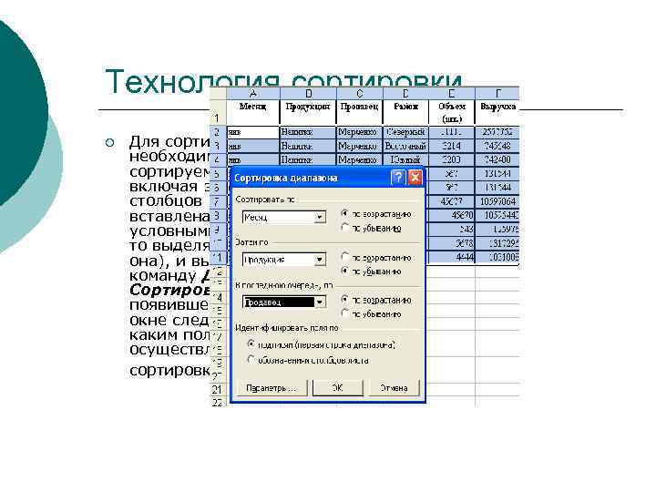 Технология сортировки ¡ Для сортировки данных необходимо выделить весь сортируемый диапазон, включая заголовки столбцов