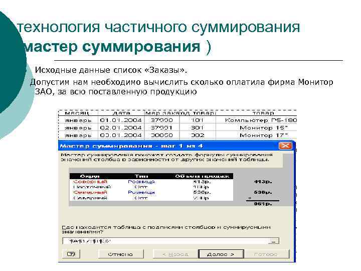 технология частичного суммирования (мастер суммирования ) Исходные данные список «Заказы» . Допустим нам необходимо