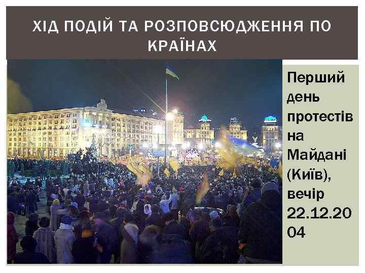 ХІД ПОДІЙ ТА РОЗПОВСЮДЖЕННЯ ПО КРАЇНАХ Перший день протестів на Майдані (Київ), вечір 22.