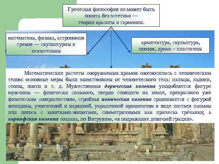 Греческая философия не может быть понята без эстетики — теории красоты и гармонии. математика,