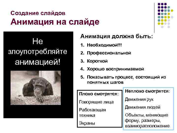 Создание слайдов Анимация на слайде Не злоупотребляйте анимацией! Анимация должна быть: 1. Необходимой!!! 2.