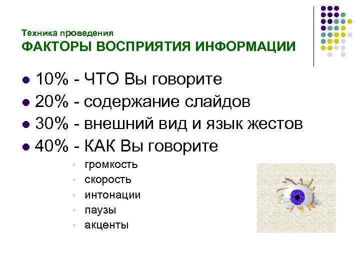 Техника проведения ФАКТОРЫ ВОСПРИЯТИЯ ИНФОРМАЦИИ 10% - ЧТО Вы говорите l 20% - содержание