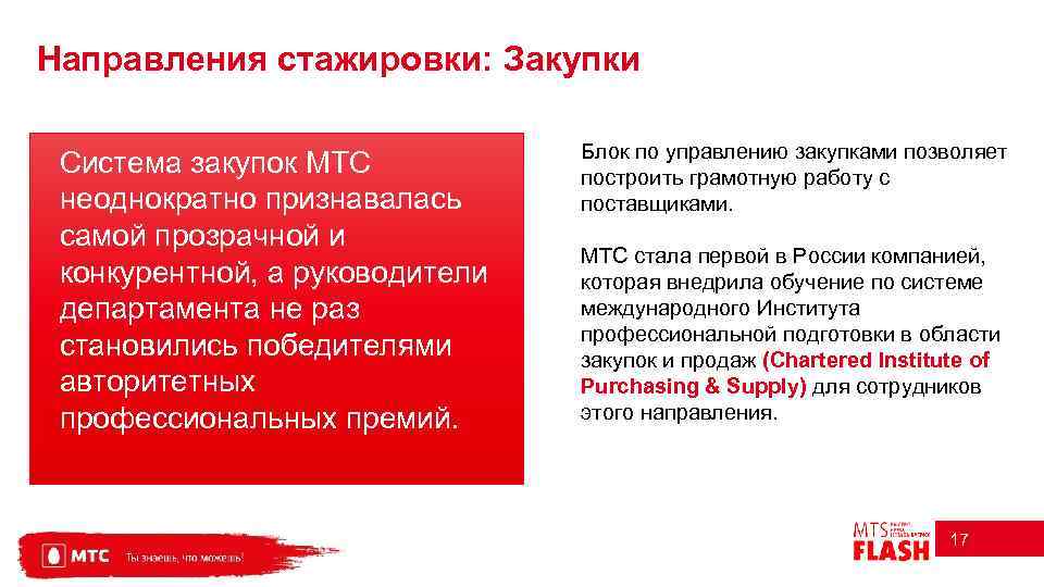 Направления стажировки: Закупки Система закупок МТС неоднократно признавалась самой прозрачной и конкурентной, а руководители