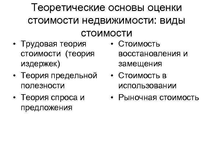 Теоретические основы оценки стоимости недвижимости: виды стоимости • Трудовая теория стоимости (теория издержек) •