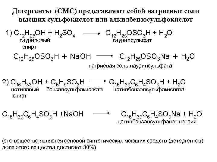 Детергенты (СМС) представляют собой натриевые соли высших сульфокислот или алкилбензосульфокислот 1) C 12 H