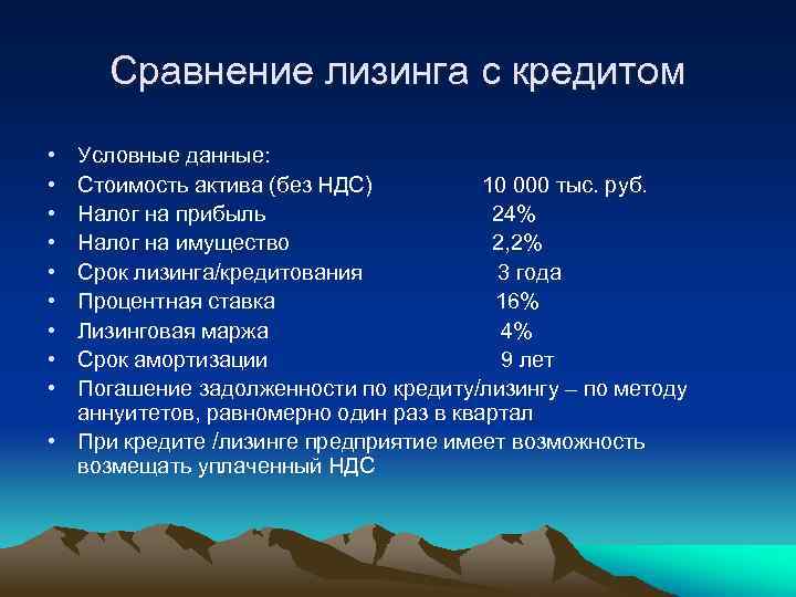 Сравнение лизинга с кредитом • • • Условные данные: Стоимость актива (без НДС) 10