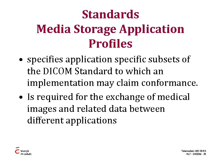 Standards Media Storage Application Profiles • specifies application specific subsets of the DICOM Standard