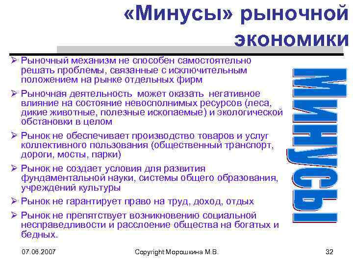  «Минусы» рыночной экономики Ø Рыночный механизм не способен самостоятельно решать проблемы, связанные с