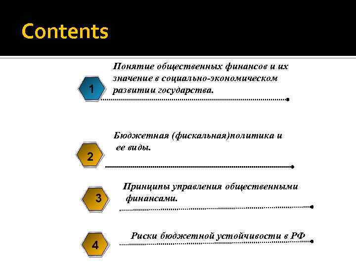 Contents Понятие общественных финансов и их значение в социально-экономическом развитии государства. 1 Бюджетная (фискальная)политика